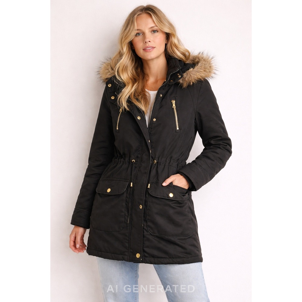 Royalty For Me Black Parka Jacket Faux Fur Hood Shearling Lined Medium RN139850